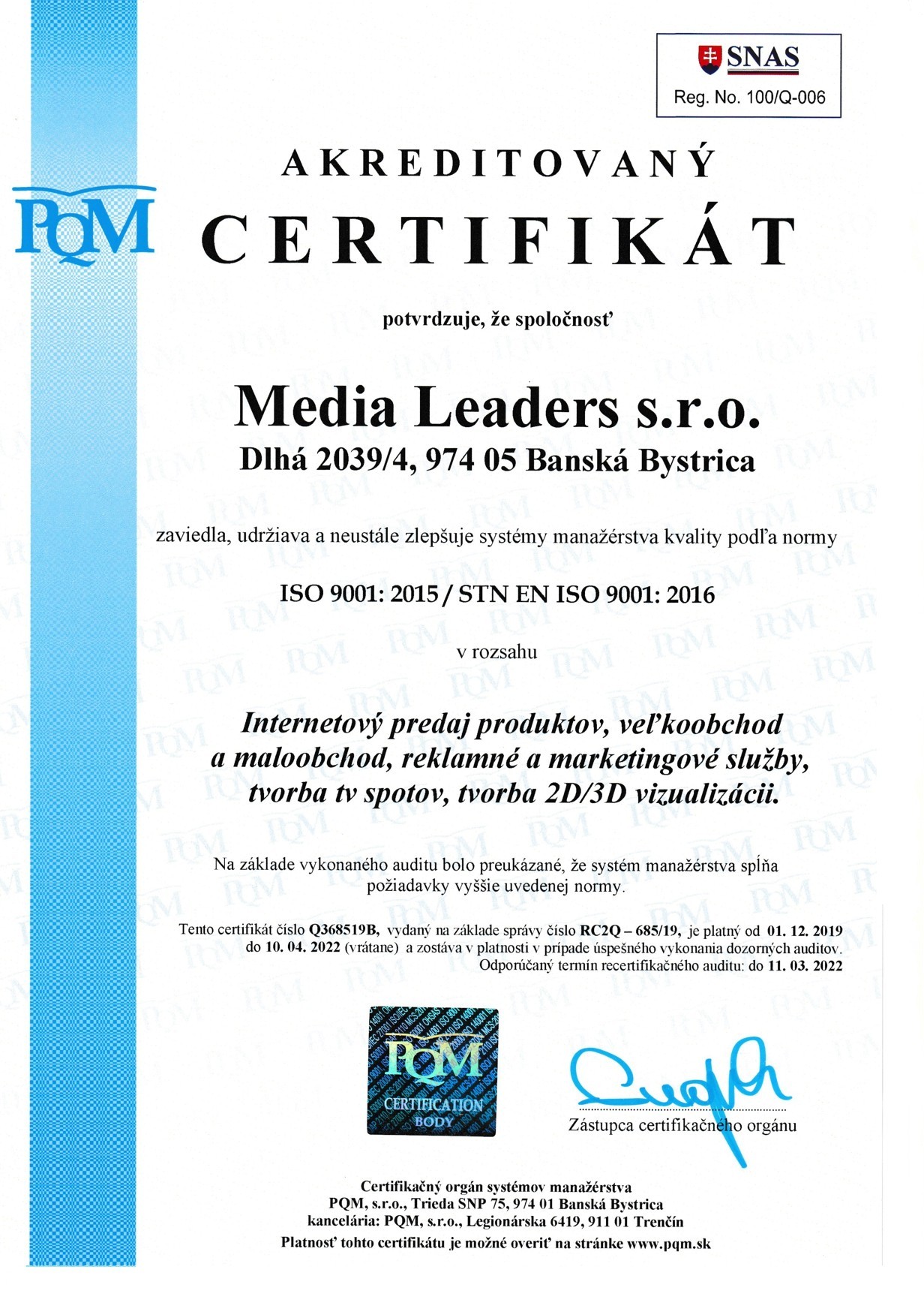 आईएसओ 9001 प्रमाणपत्र मीडिया लीडर्स एसआरओ