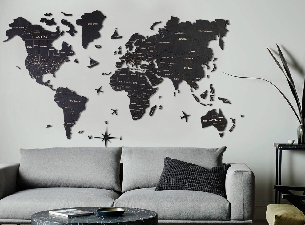 दुनिया के काले रंग की दीवार के नक्शे