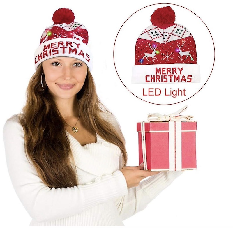 एलईडी बल्बों के साथ पोम-पोम चमकदार क्रिसमस के साथ शीतकालीन टोपी - मेरी क्रिसमस