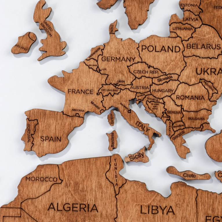 लकड़ी की दुनिया का नक्शा रंग ओक - महाद्वीप