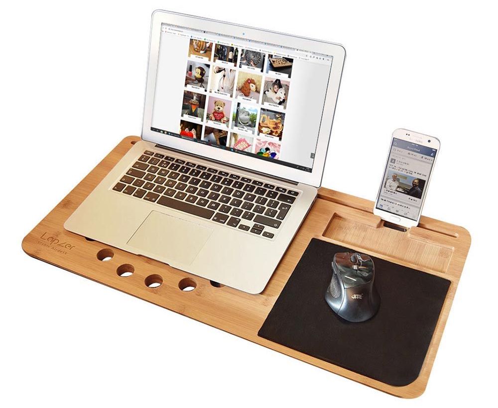 लकड़ी से बने बिस्तर में लैपटॉप के लिए पैड + मोबाइल फोन स्टैंड