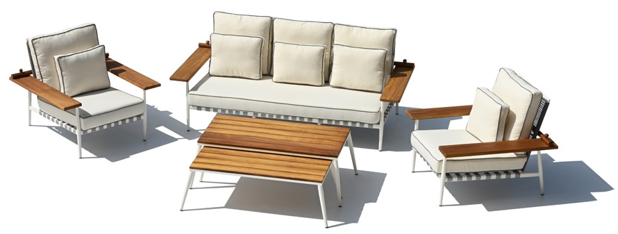 एक बड़ी मेज के साथ लकड़ी एल्यूमीनियम के साथ आउटडोर गार्डन बैठने की विशेष डिजाइन