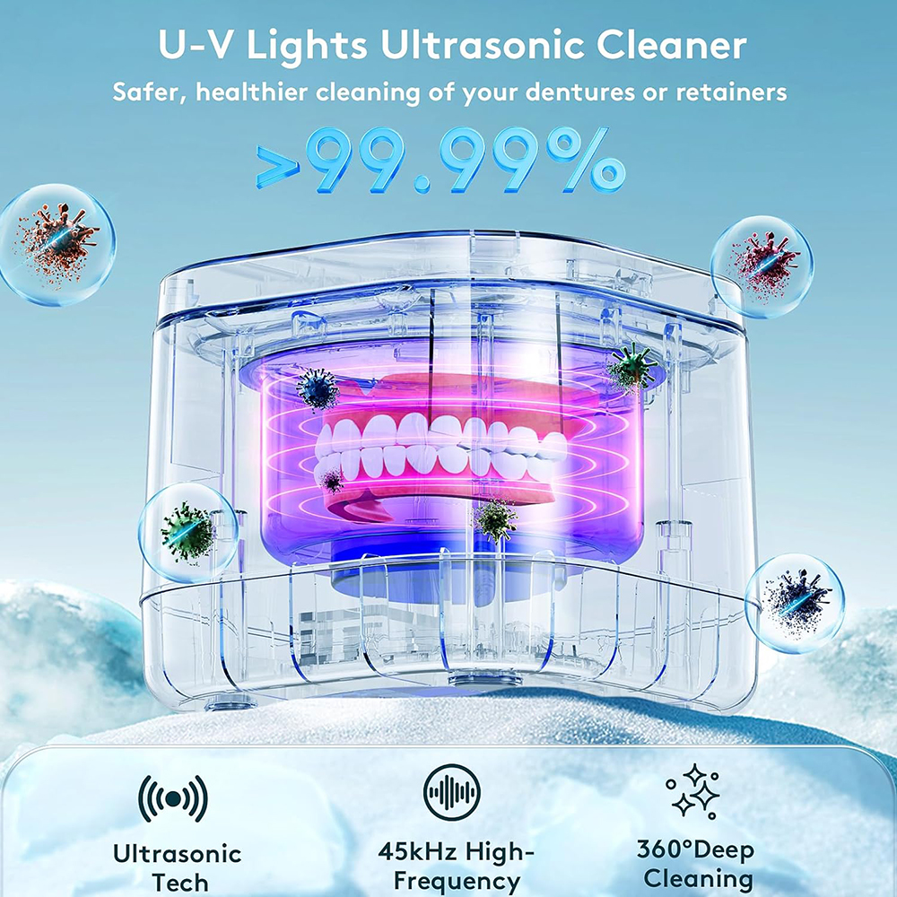 अल्ट्रासोनिक रिटेनर क्लीनर डेन्चर क्लीनर U-V 99.99% लाइट क्लीनिंग