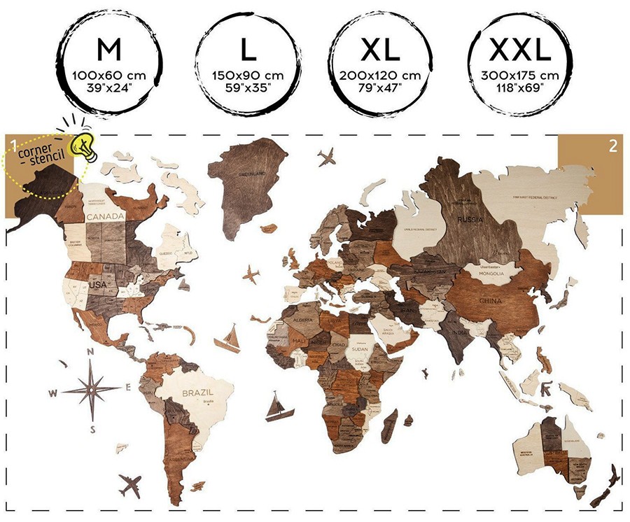 3 डी दीवार दुनिया का नक्शा आकार XL