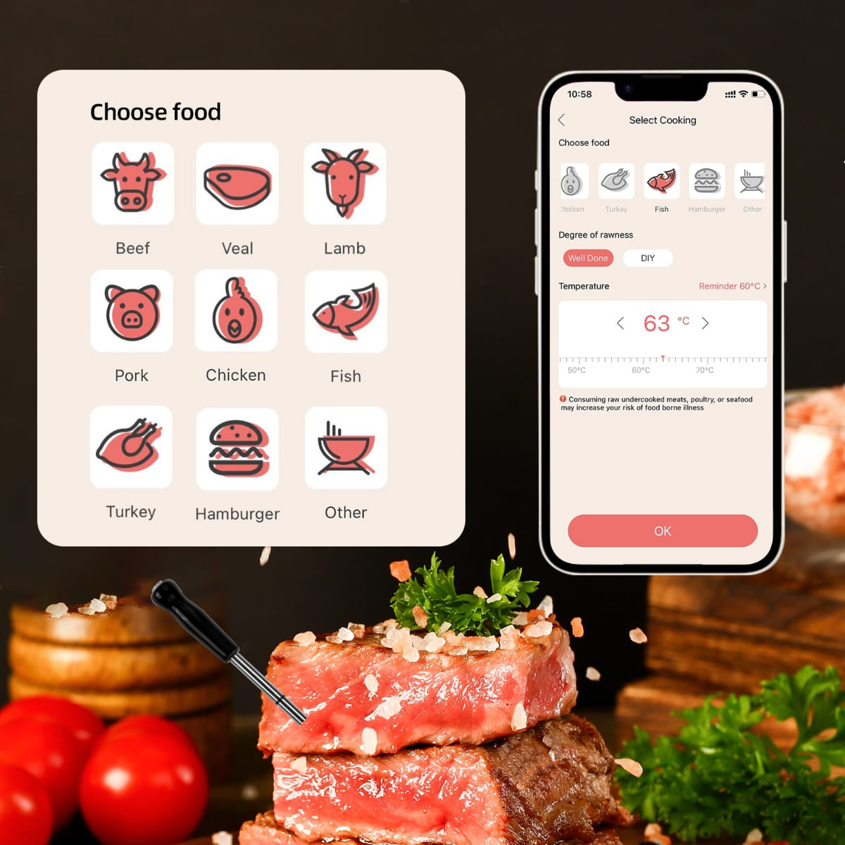 वायरलेस मांस थर्मामीटर - मोबाइल फोन एप्लीकेशन