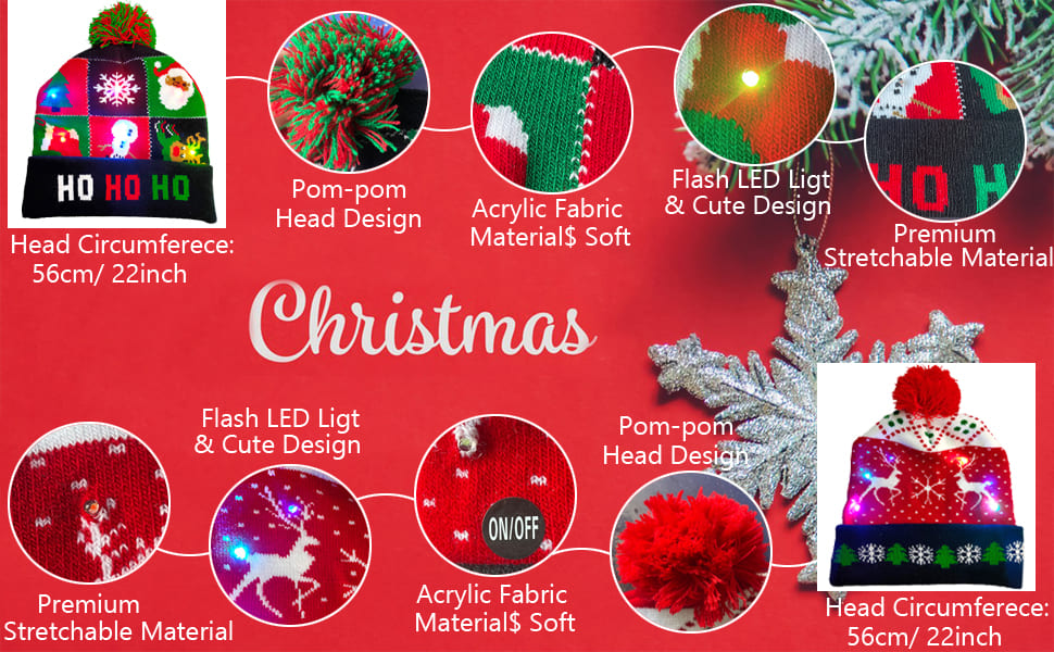 विभिन्न डिज़ाइनों के साथ सर्दियों के लिए क्रिसमस बीनीज़ - एलईडी के साथ रोशनी