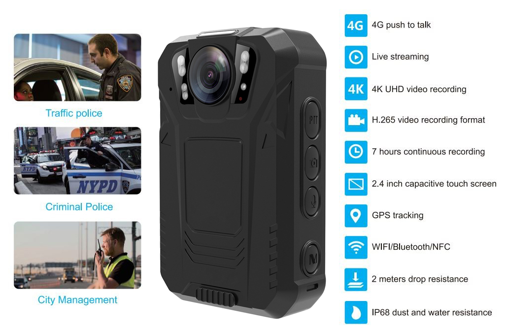 पुलिस बॉडी कैमरा 4G बॉडी कैम वाईफाई ब्लूटूथ PTT IP68 NFC